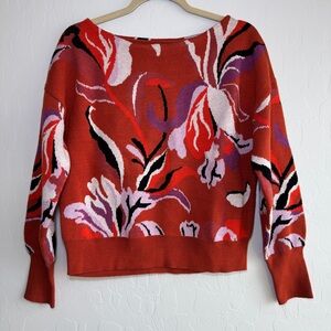 Anthropologie Maeve Orange Purple Floral Intarsia Knit Sweater Small Boho Soft